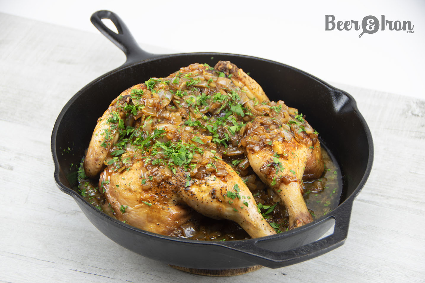 Double Cast Iron Skillet Chicken in Beer and Lemon Broth