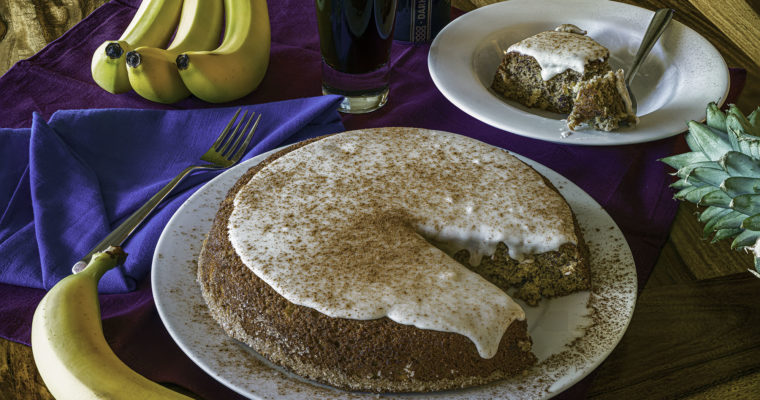 Bananapapple Cake with Beer Icing in a Cast Iron Skillet