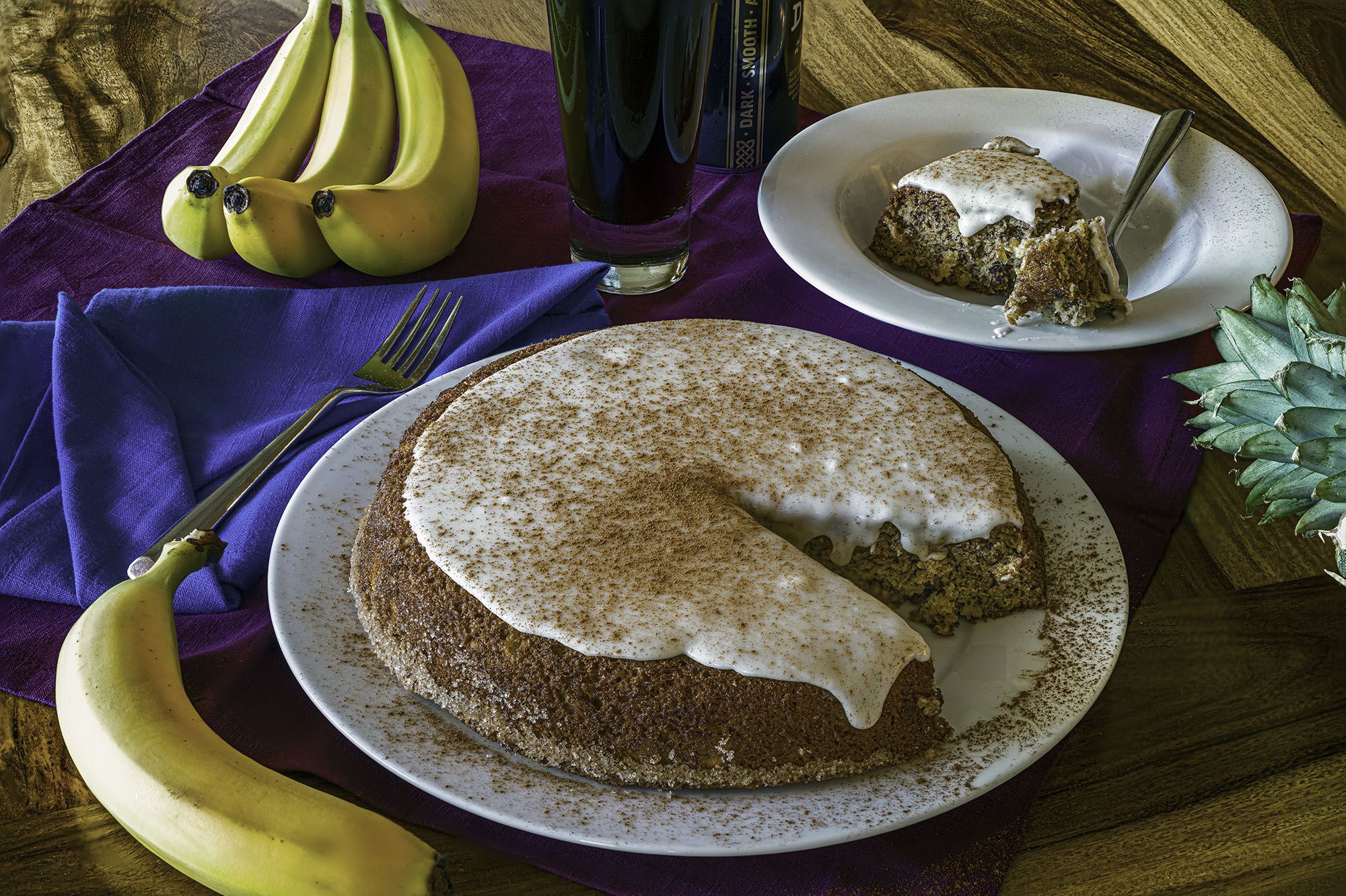 Bananapapple Cake with Beer Icing in a Cast Iron Skillet