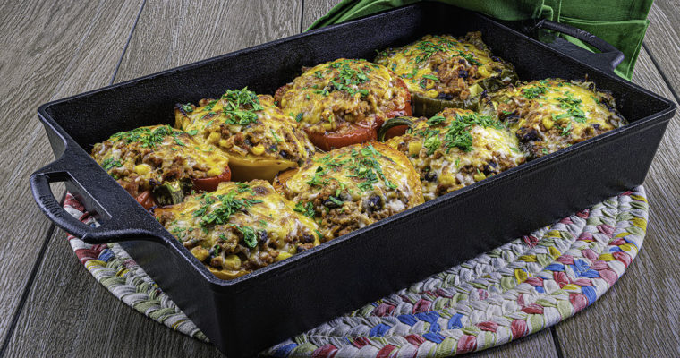 Mexican-Style Ground Turkey and Beer-Rice Stuffed Bell Peppers in Cast Iron