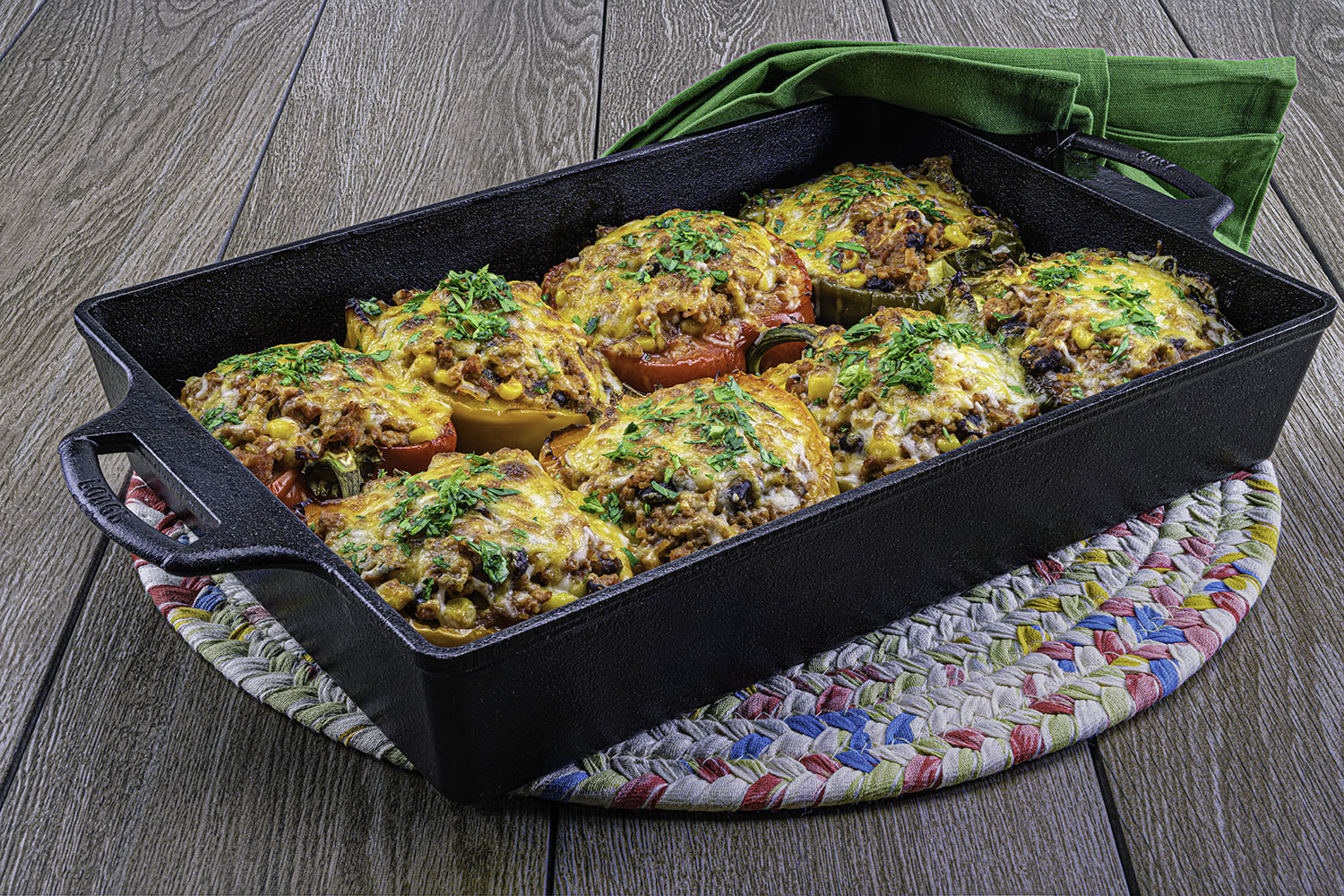 Mexican-Style Ground Turkey and Beer-Rice Stuffed Bell Peppers in Cast Iron