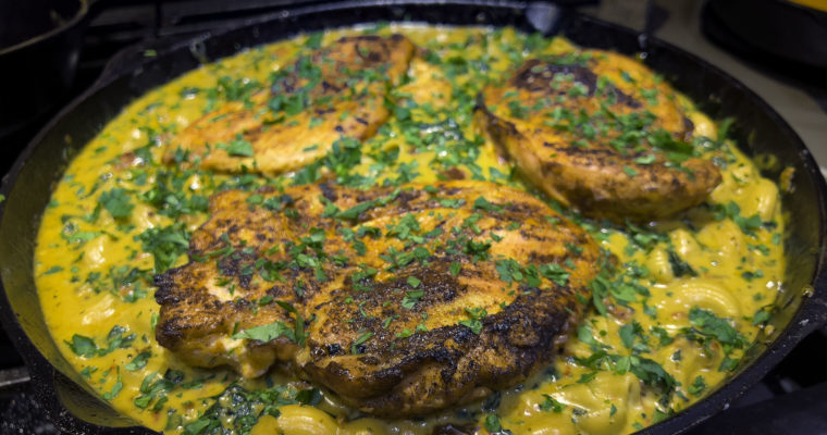 Creamy Beer Mac and Cheese with Greens and Chicken