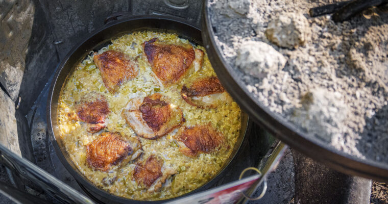Baked Chicken and Beer Rice Recipe in a Camp Cast Iron Dutch Oven