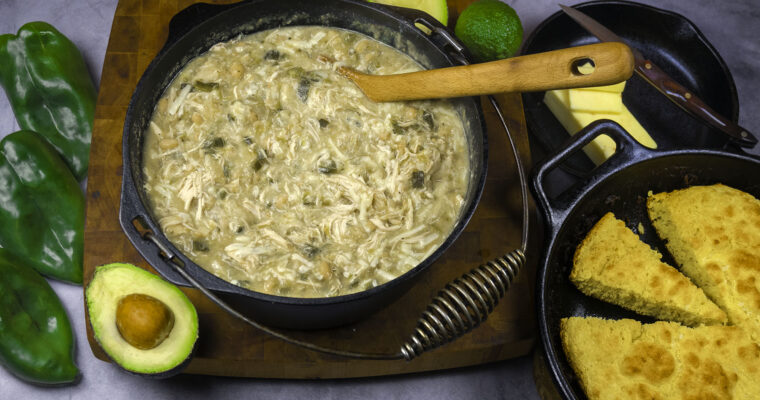 Cheesy White Chicken Chili Low-and-Slow in a Cast Iron Dutch Oven Recipe
