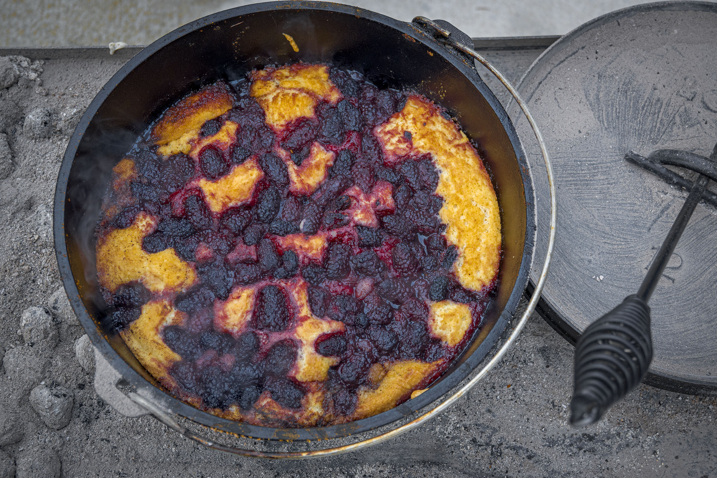 Beer Berry Cobbler Recipe in a Camp Cast Iron Dutch Oven