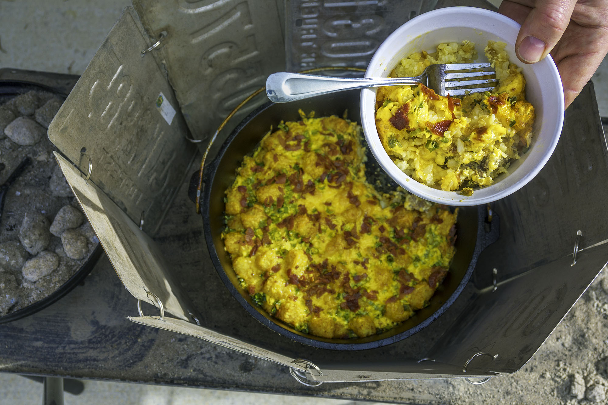 Sausage and Tots Easy Breakfast Casserole Recipe – Cooked in a Camp Cast Iron Dutch Oven