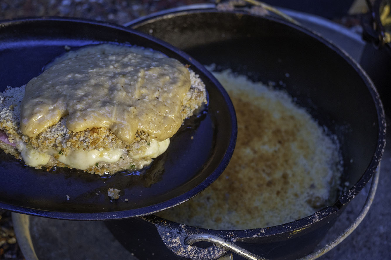 Highfalutin Cordon Bleu Meatloaf Baked in a Camp Cast Iron Dutch Oven